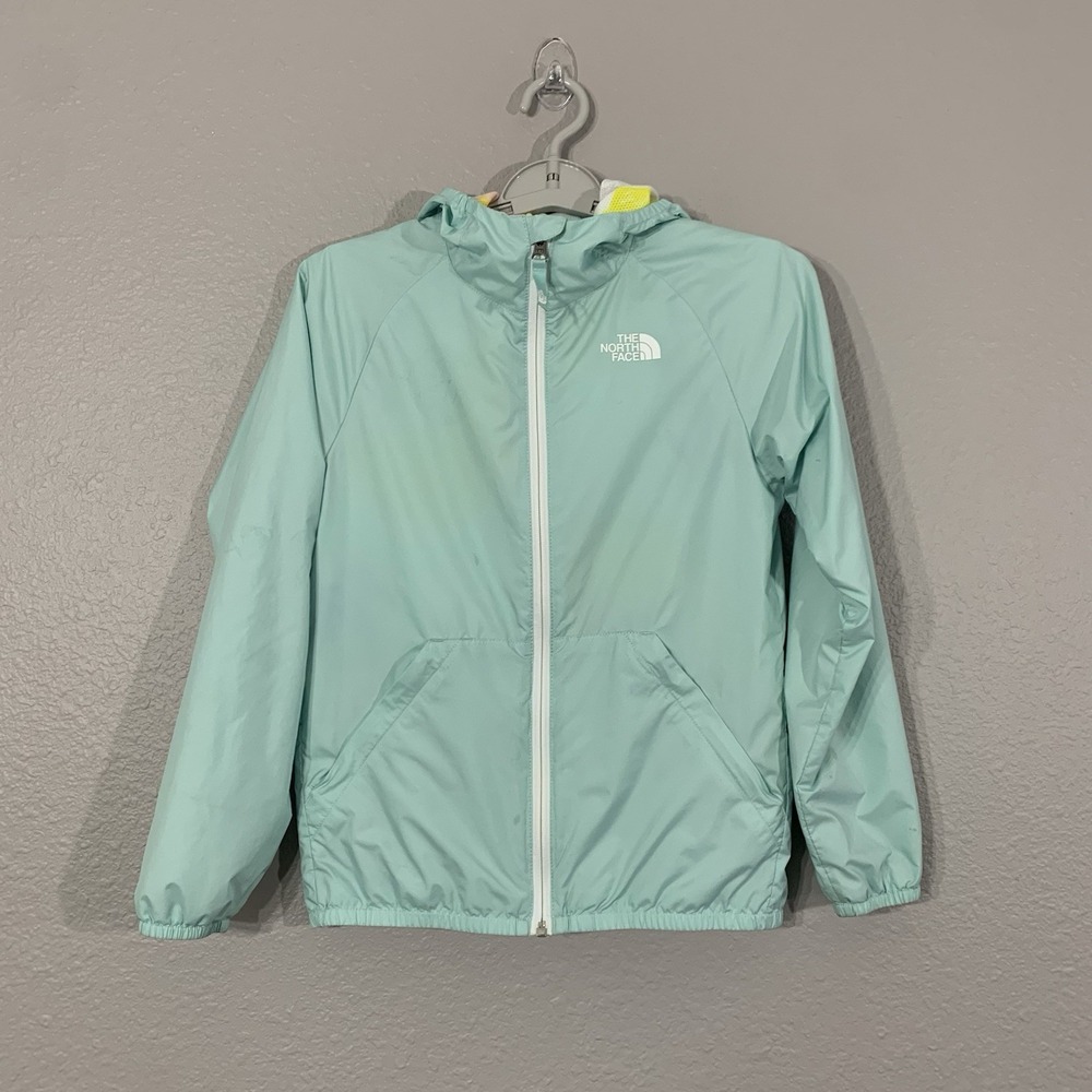 The North Face Windwall Jacket Girls‎ Medium Mint Green Packable Pockets EUC
